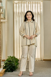 Cream Zigzag Embroidered Co-ord Set in Cotton Flex