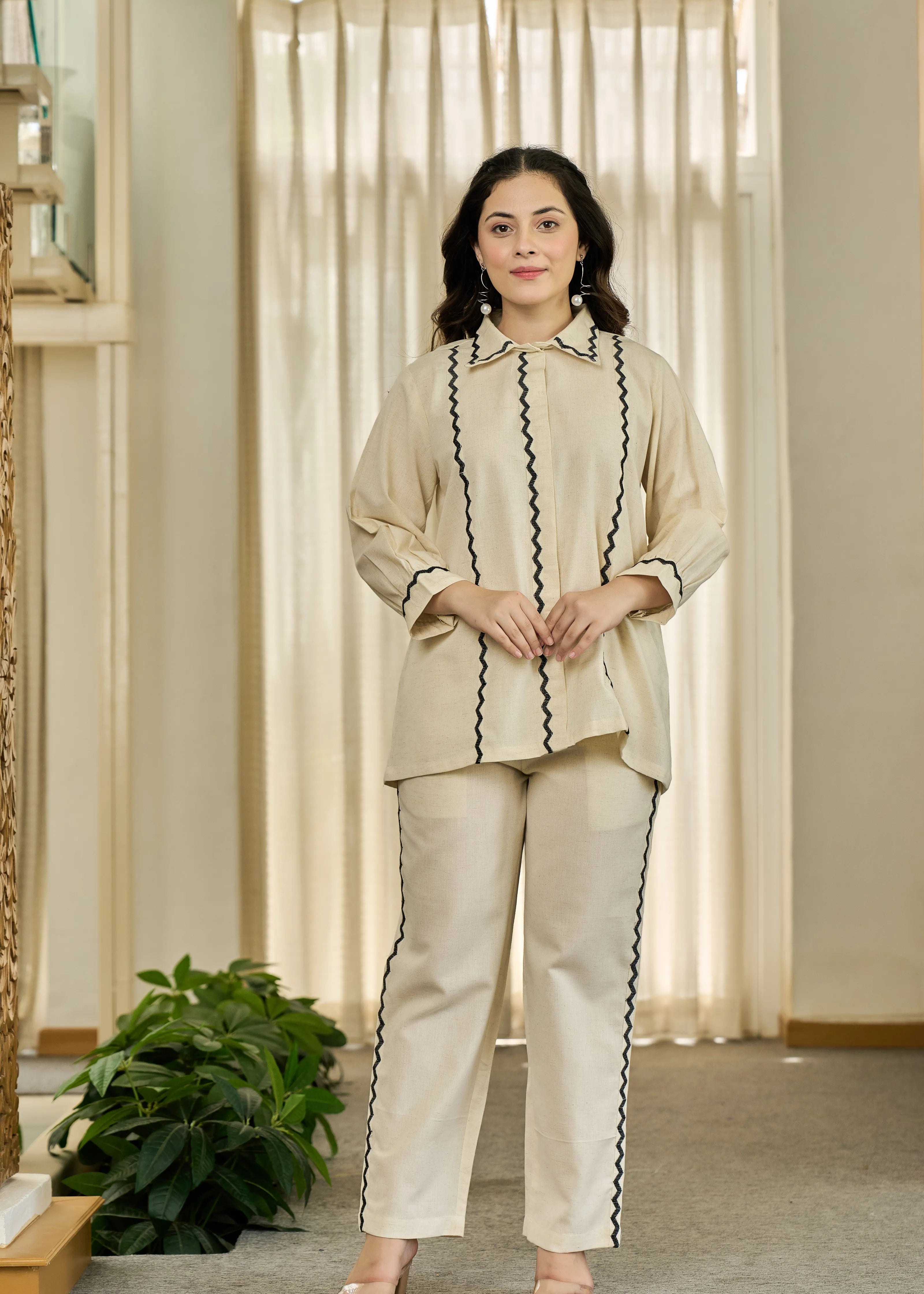 Cream Zigzag Embroidered Co-ord Set in Cotton Flex