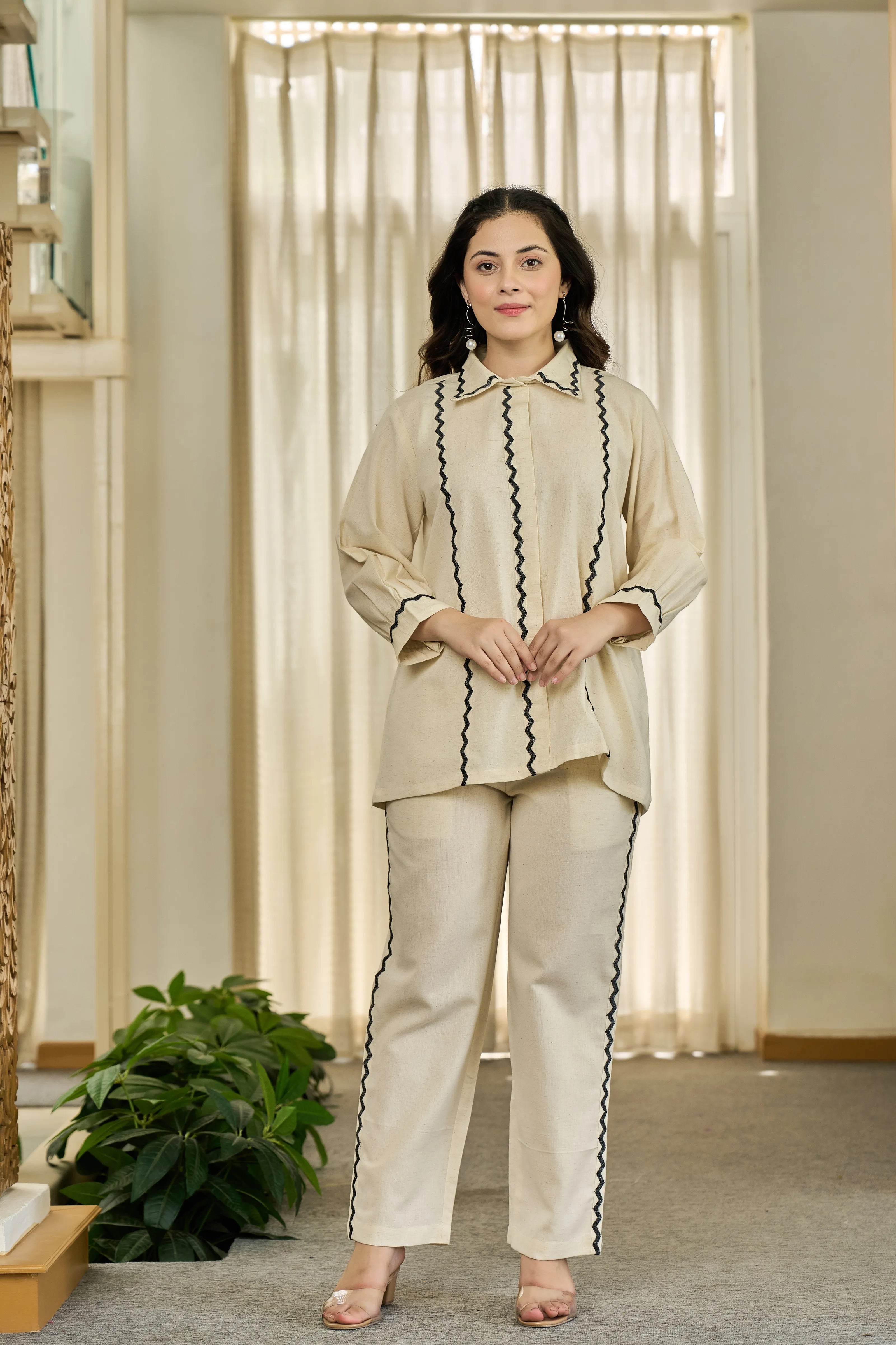 Cream Zigzag Embroidered Co-ord Set in Cotton Flex