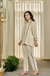 Cream Zigzag Embroidered Co-ord Set in Cotton Flex