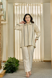 Cream Zigzag Embroidered Co-ord Set in Cotton Flex