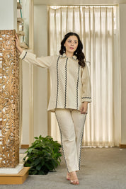 Cream Zigzag Embroidered Co-ord Set in Cotton Flex