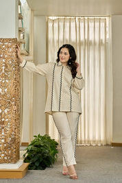 Cream Zigzag Embroidered Co-ord Set in Cotton Flex