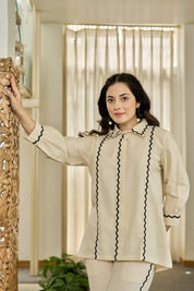 Cream Zigzag Embroidered Co-ord Set in Cotton Flex