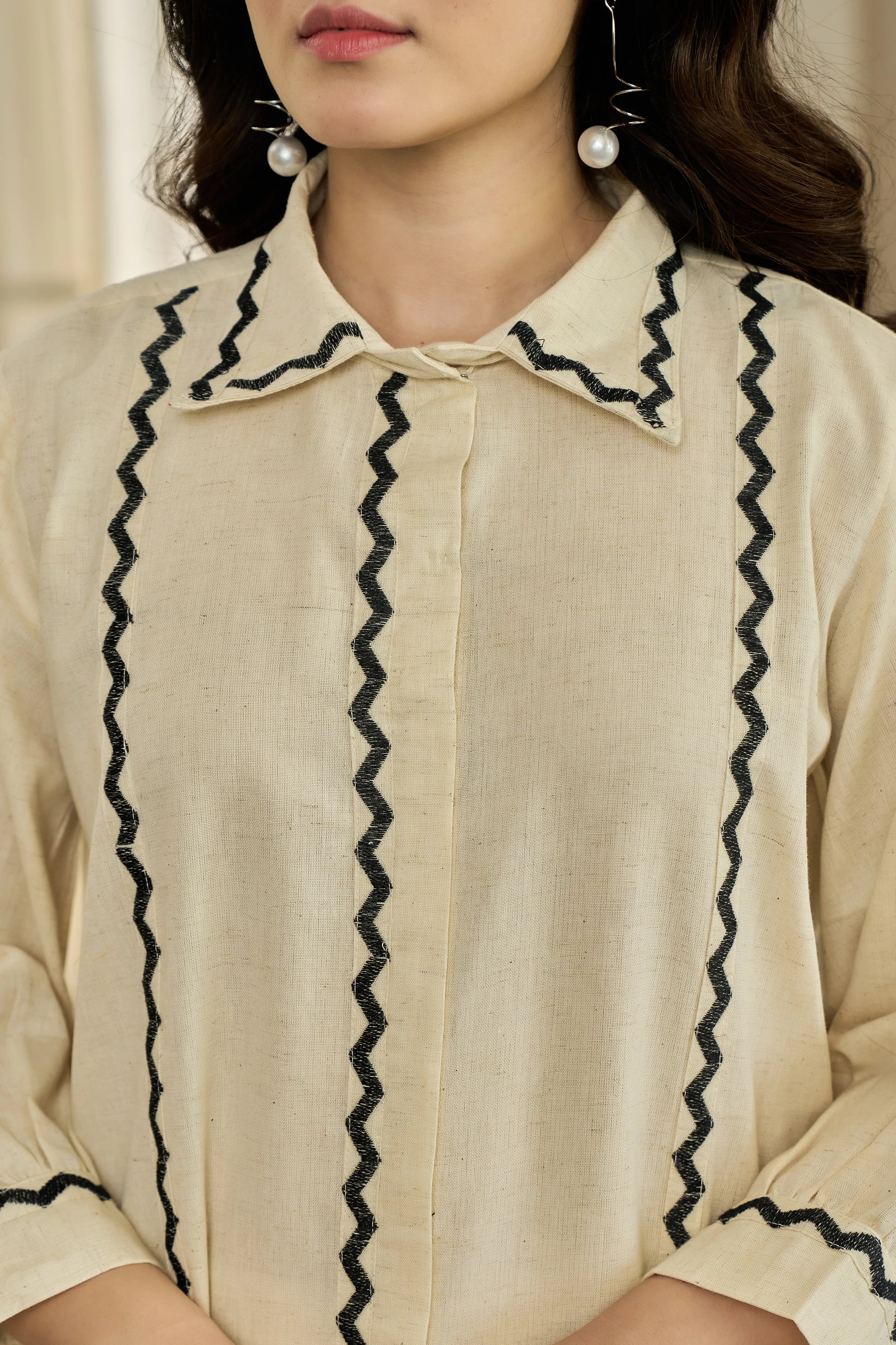 Cream Zigzag Embroidered Co-ord Set in Cotton Flex