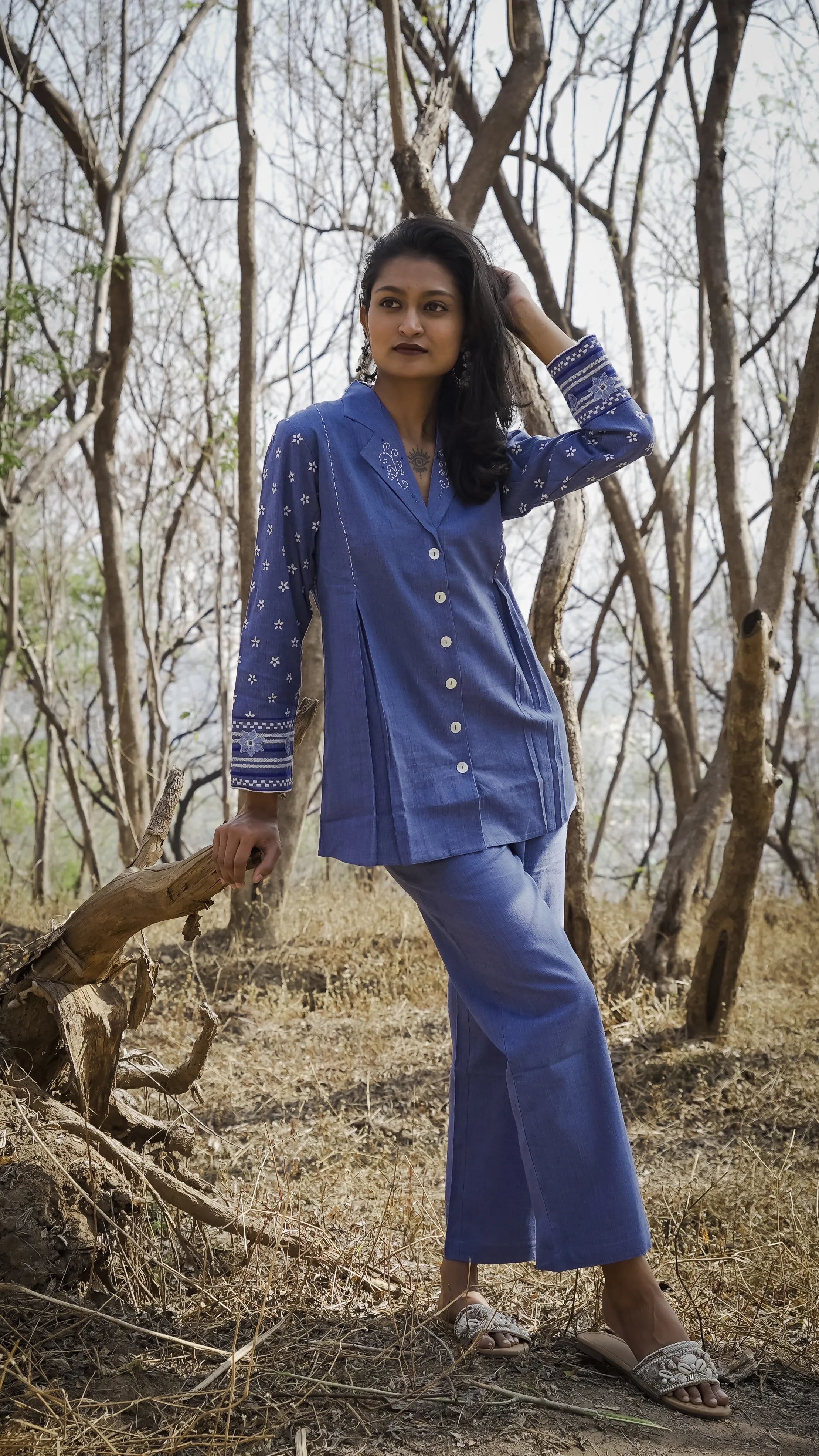 Blue Hand-Woven Cotton Printed Co-Ord Set