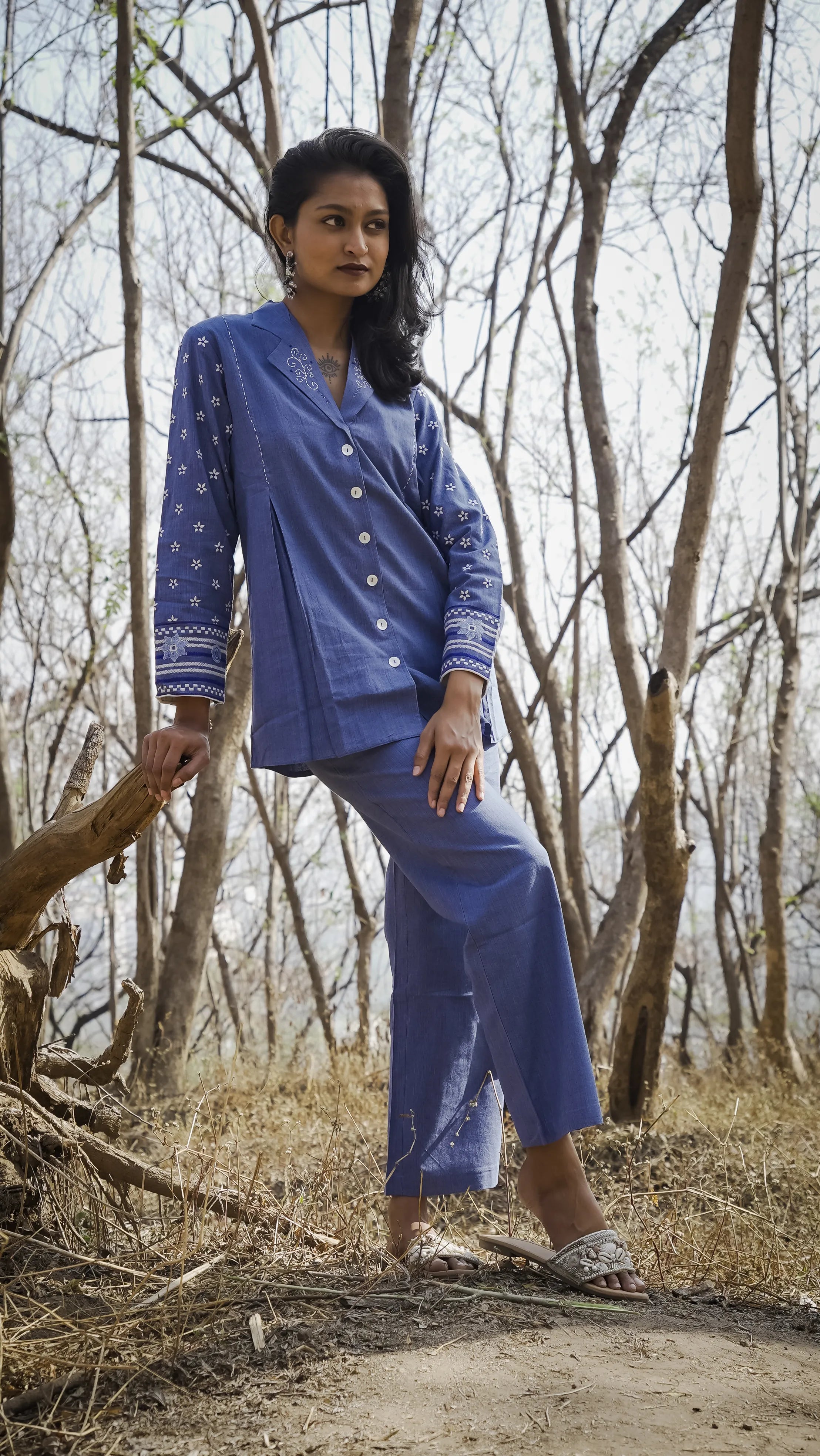 Blue Hand-Woven Cotton Printed Co-Ord Set