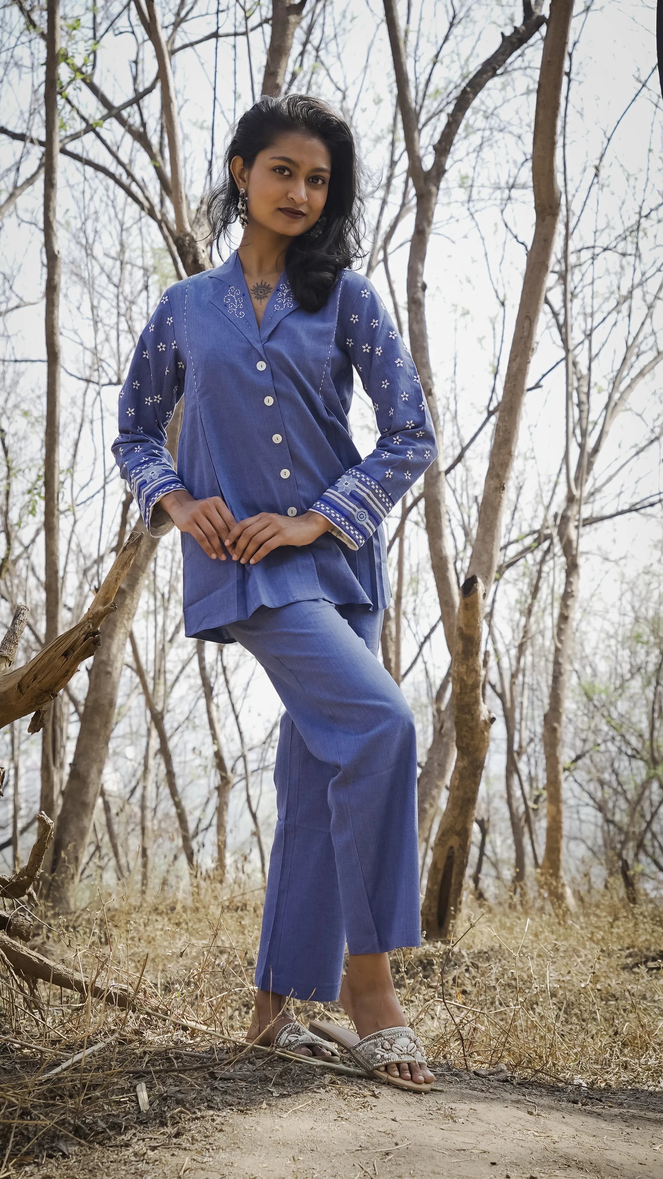 Blue Hand-Woven Cotton Printed Co-Ord Set