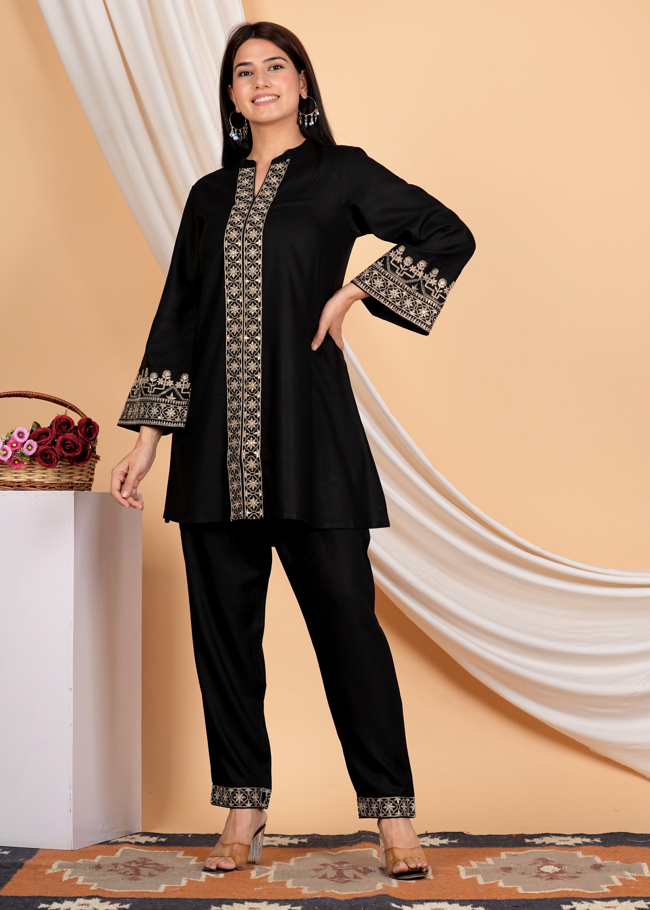 Black Golden Lurex Thread Embroidered Cotton Co-Ord Set