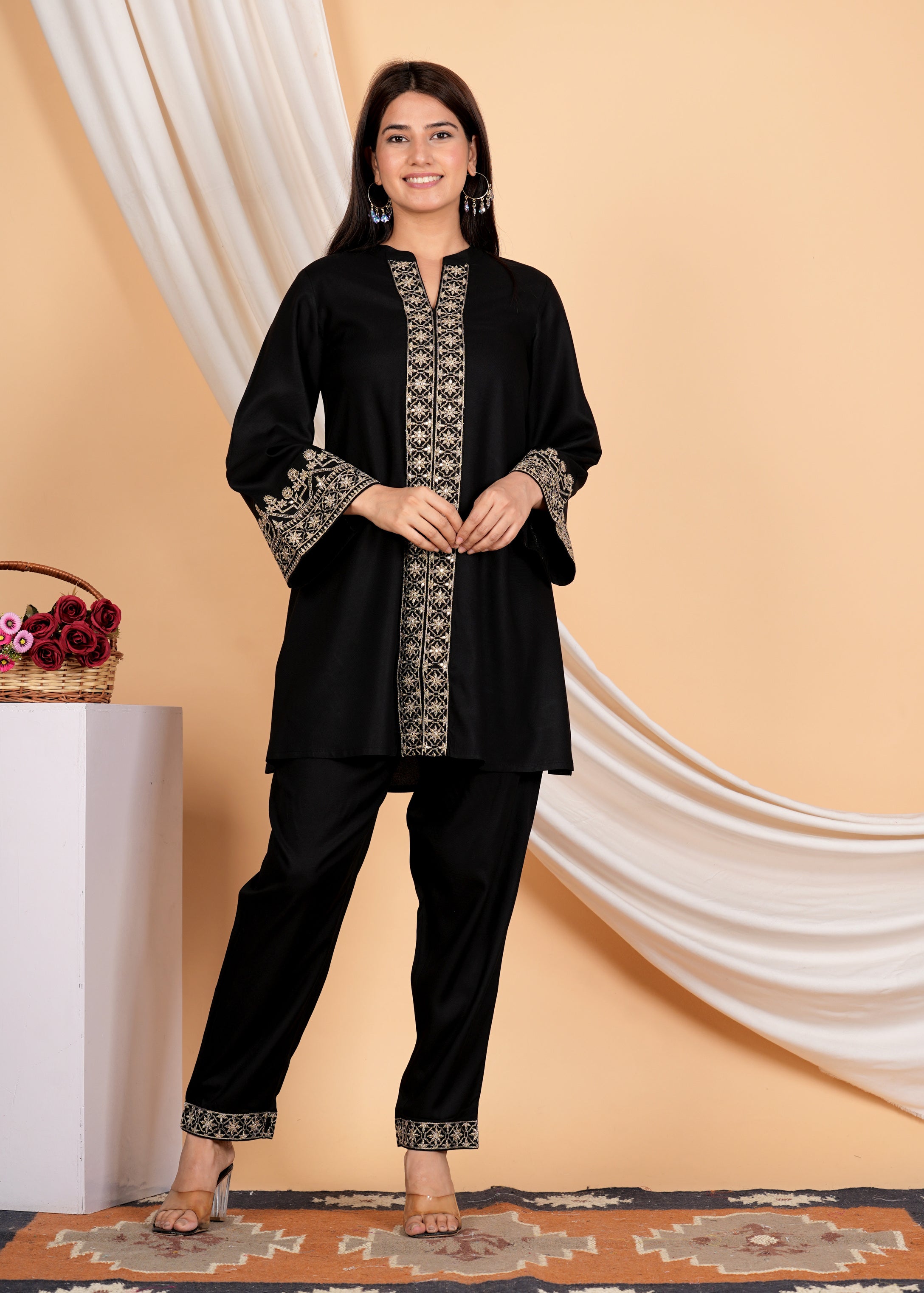 Black Golden Lurex Thread Embroidered Cotton Co-Ord Set