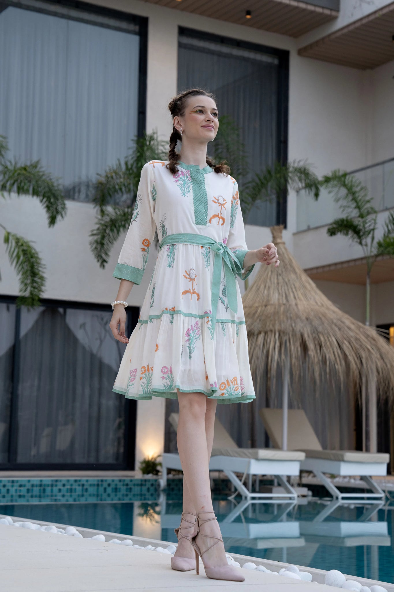 Ivory Floral Printed Voile Mini Dress