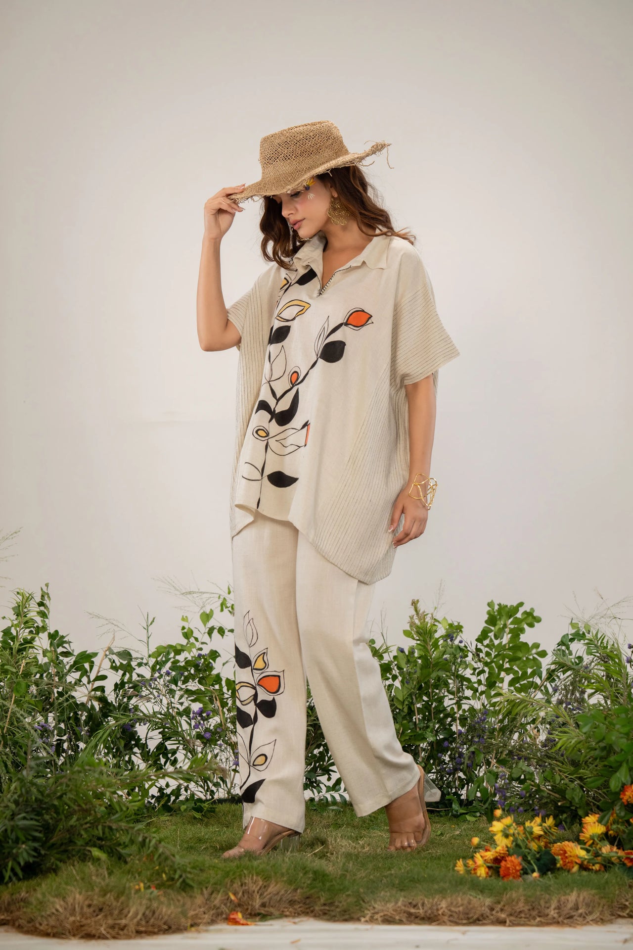 Woman styling Solid Cream Printed Kaftan Style Co-ord Set for a brunch date