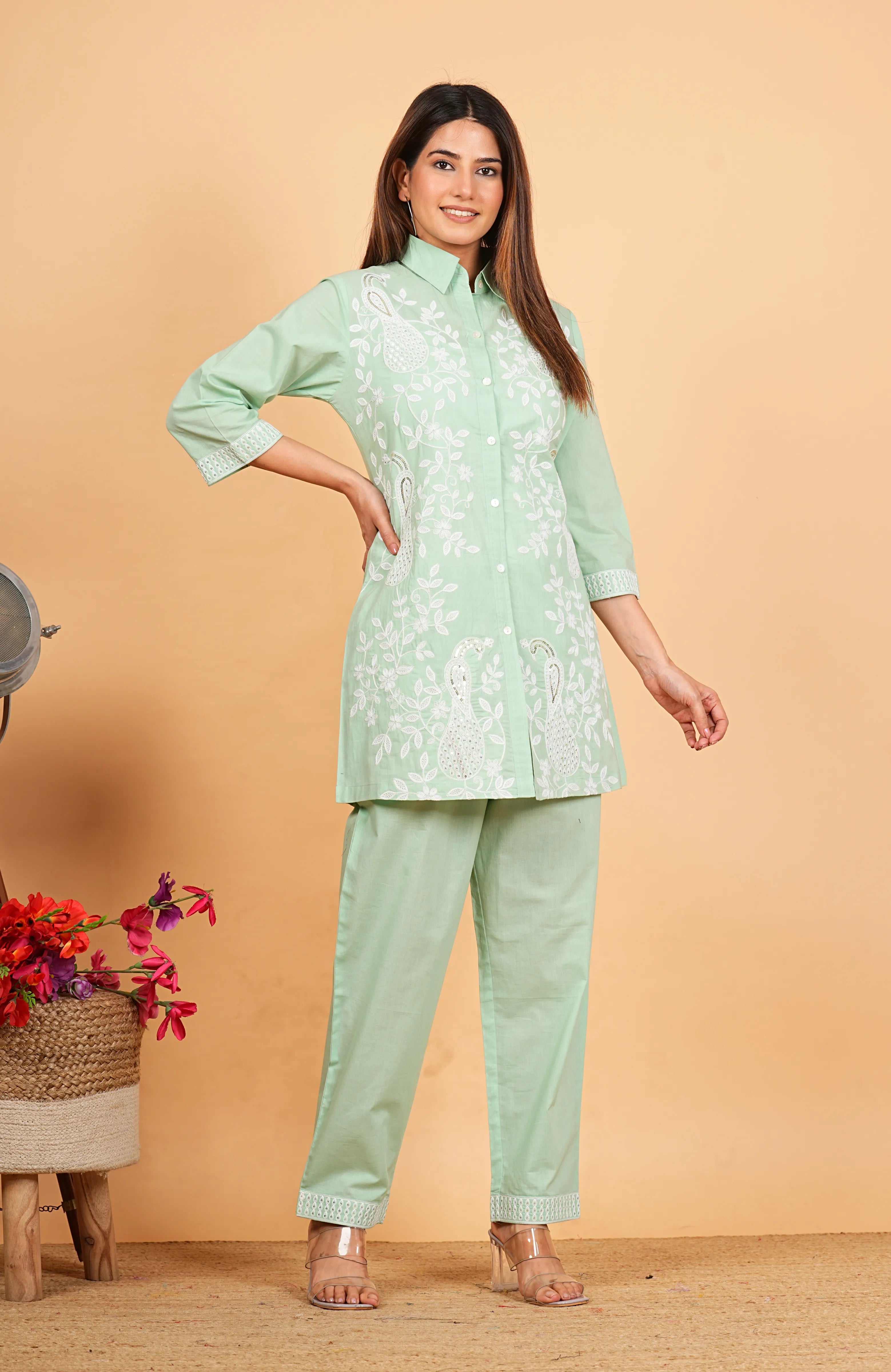 Mint Green Embroidered Co-ord Set in Cotton