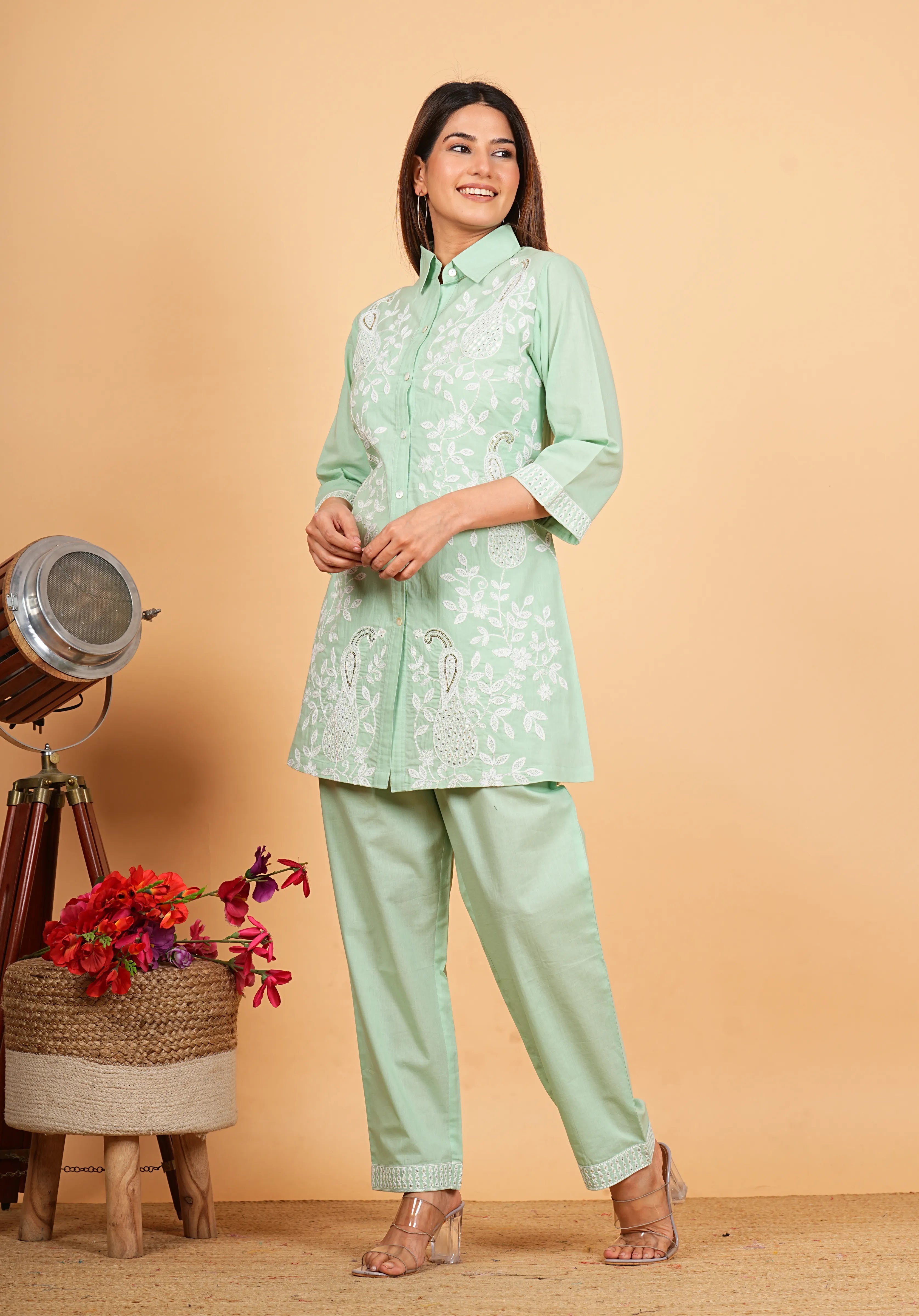 Mint Green Embroidered Co-ord Set in Cotton