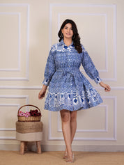 Denim Blue & White Placement Cotton Printed Shirt Dress