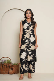 Black & Beige Floral Kurta Set
