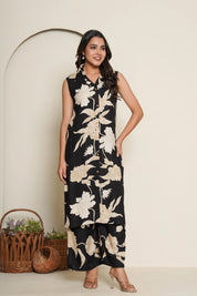 Black & Beige Floral Kurta Set