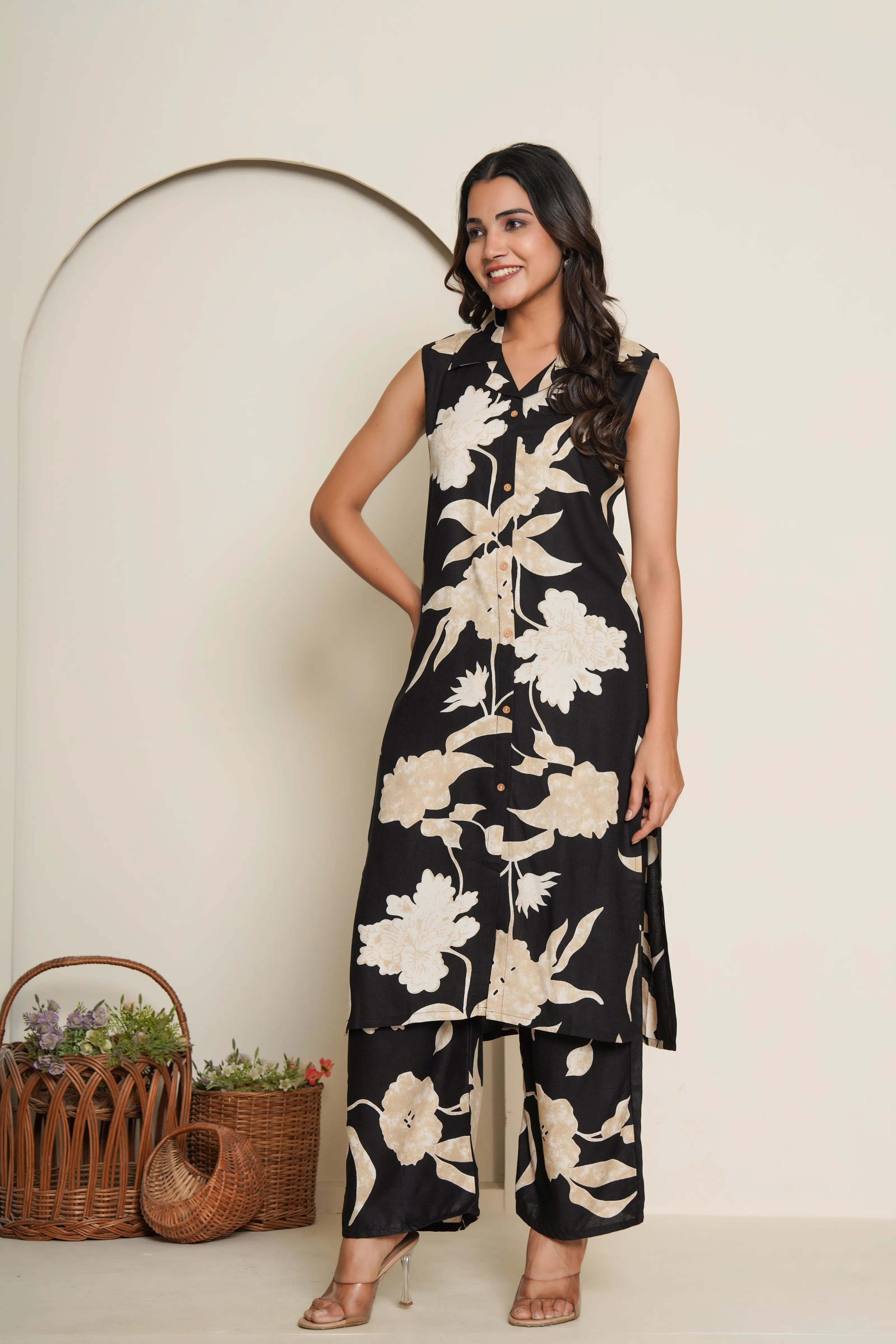 Black & Beige Floral Kurta Set