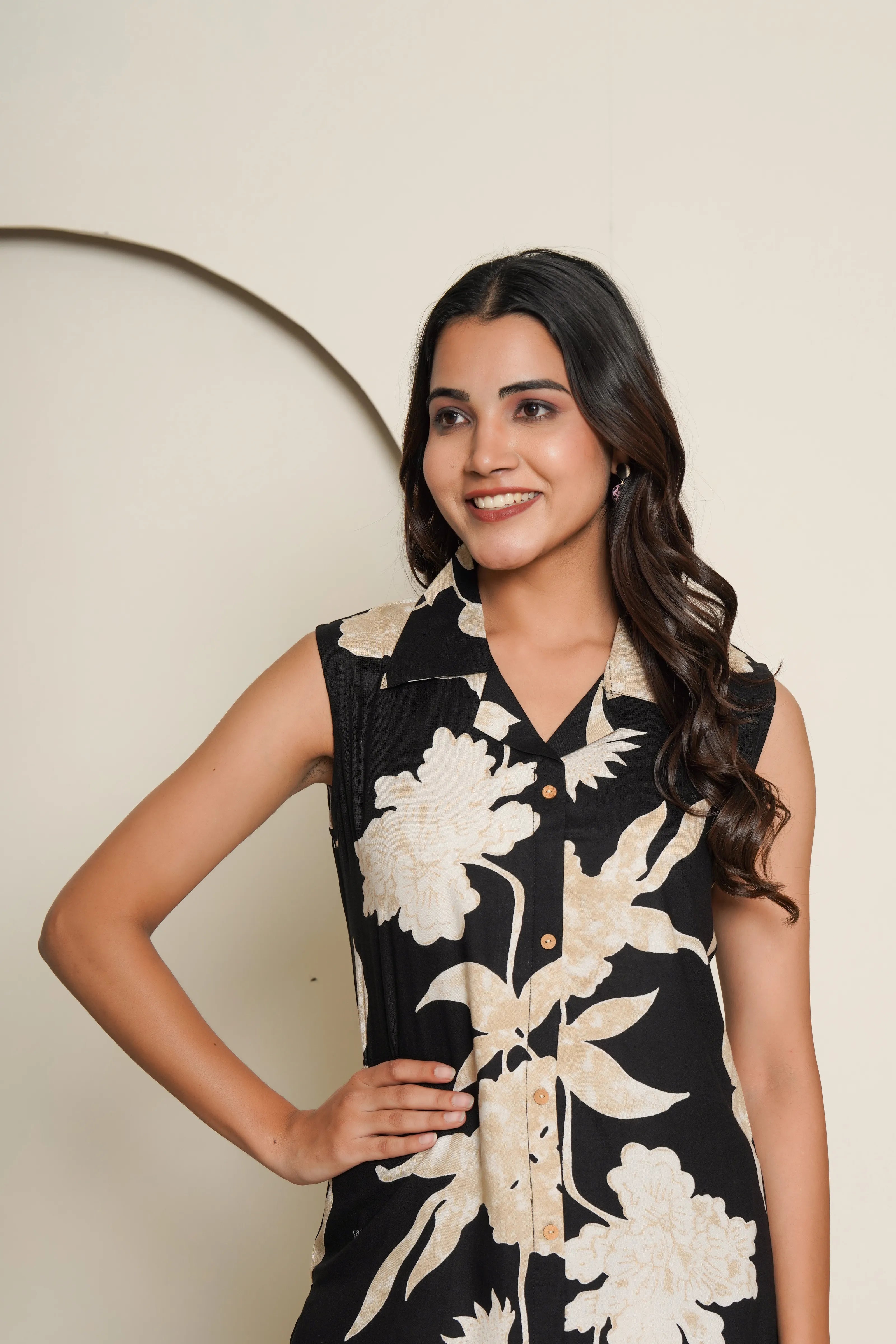 Black & Beige Floral Kurta Set