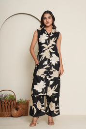 Black & Beige Floral Kurta Set