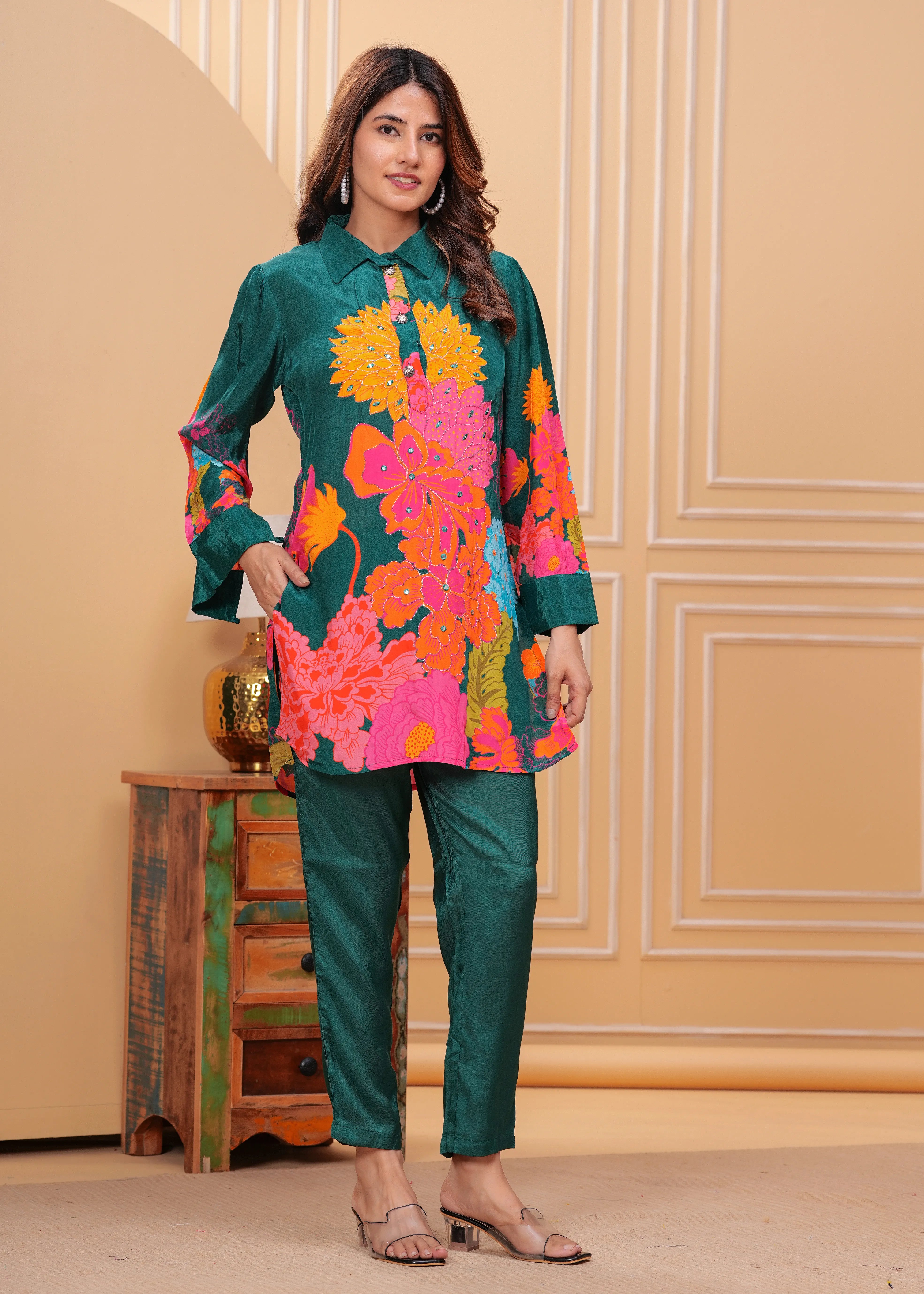 Green Floral  Crepe Abstract Mirror Work Co-Ord Set