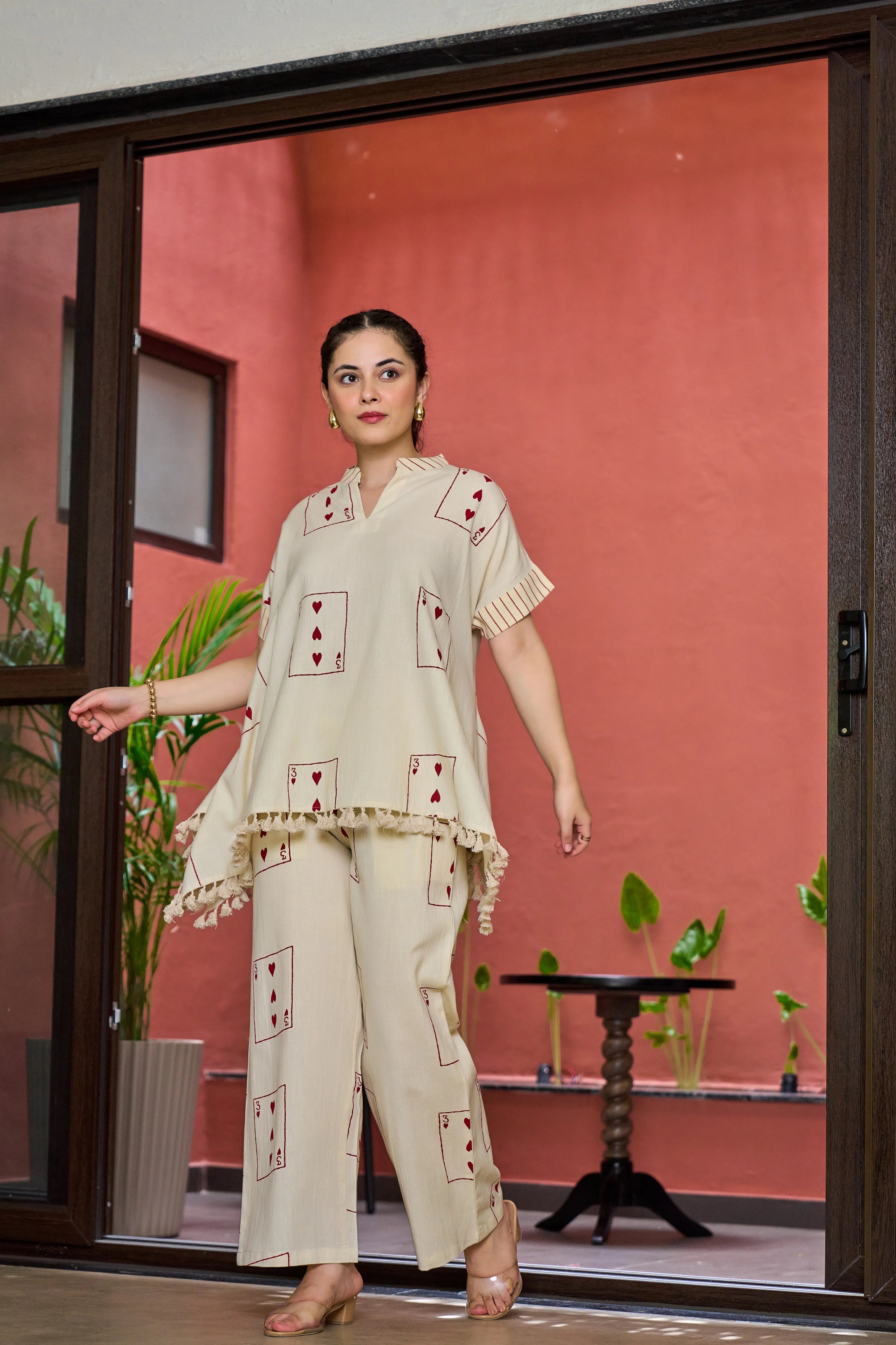 Light Beige 3 of Hearts Printed Co-ord Set in Cotton Slub