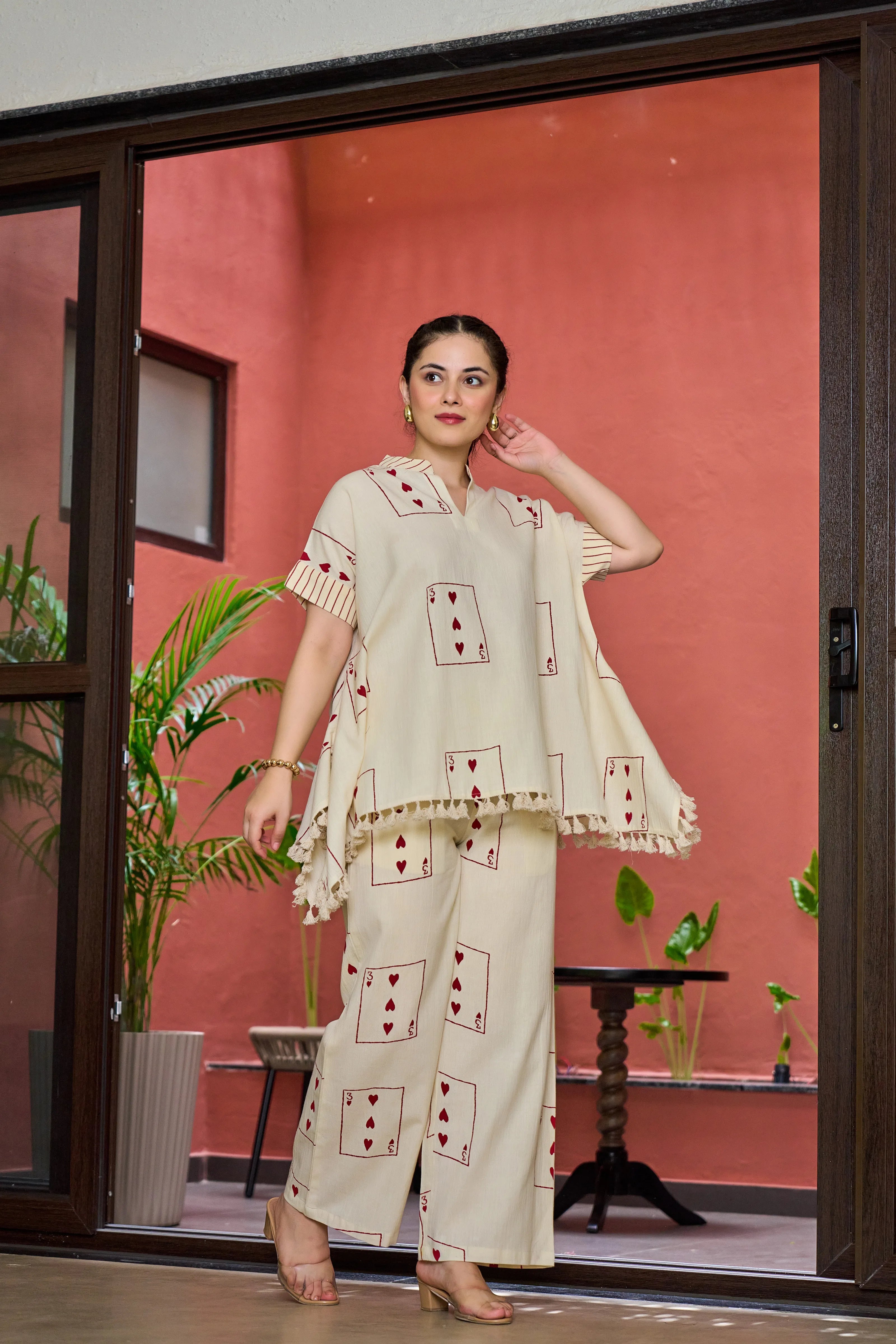 Light Beige 3 of Hearts Printed Co-ord Set in Cotton Slub