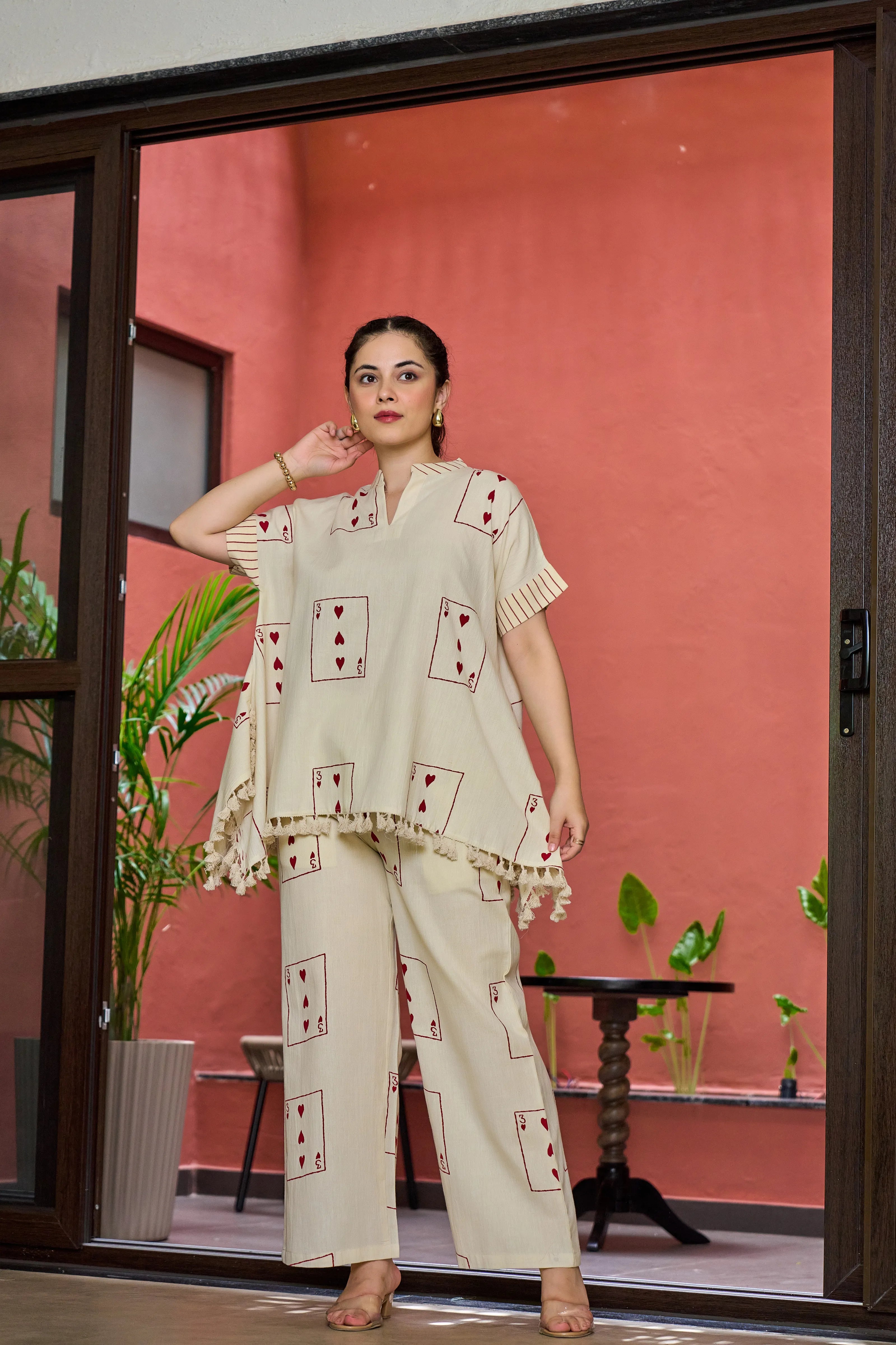 Light Beige 3 of Hearts Printed Co-ord Set in Cotton Slub