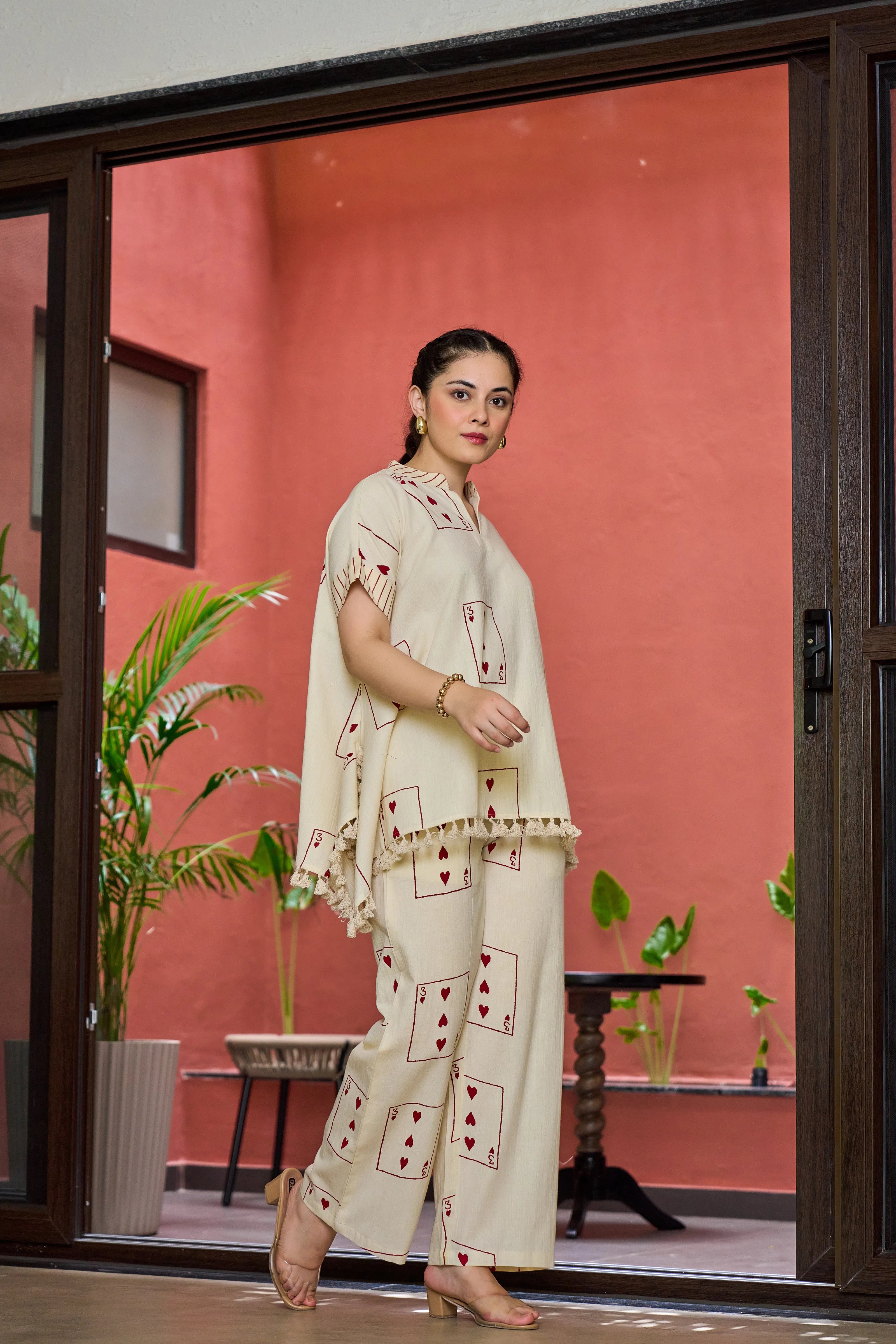 Light Beige 3 of Hearts Printed Co-ord Set in Cotton Slub