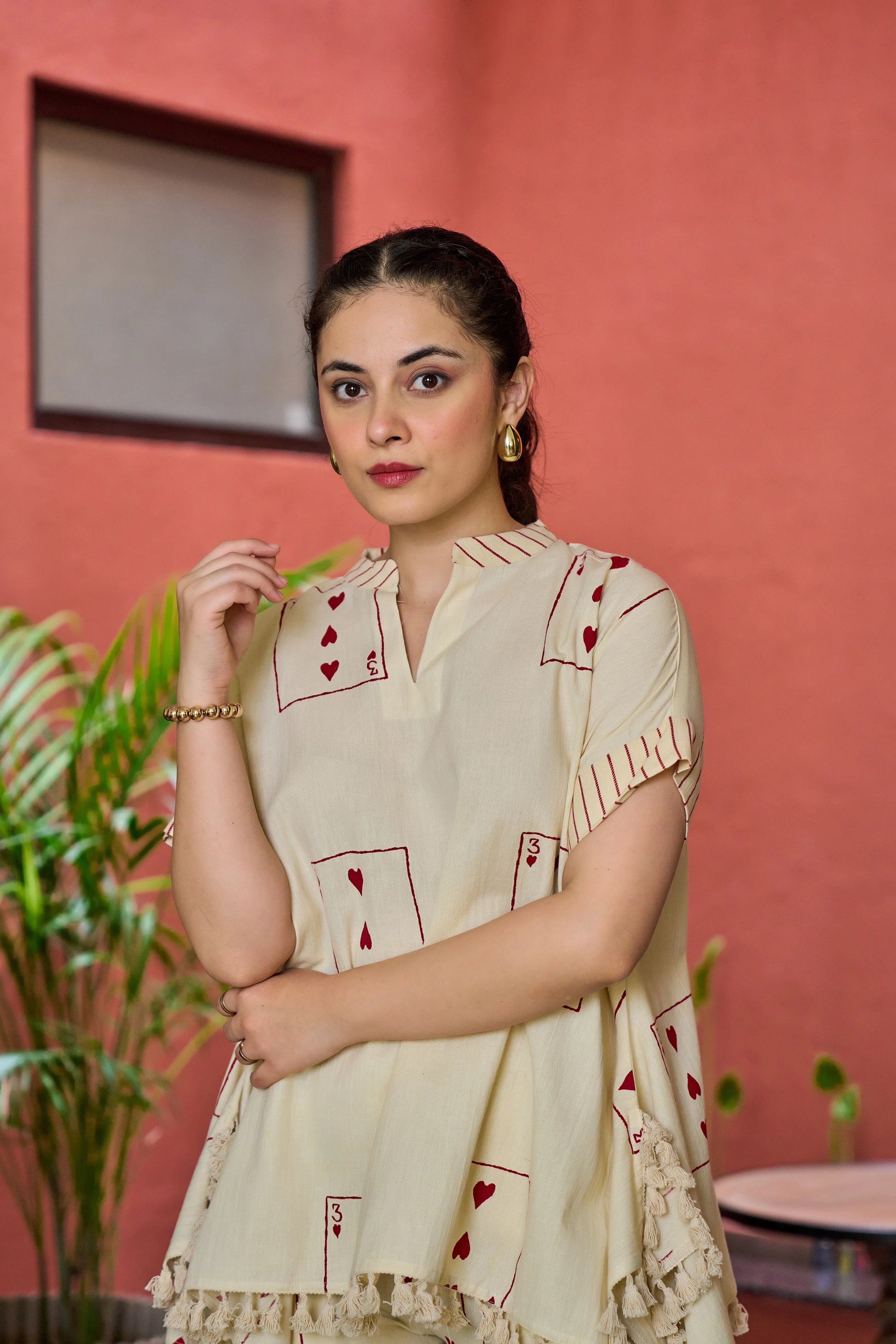 Light Beige 3 of Hearts Printed Co-ord Set in Cotton Slub