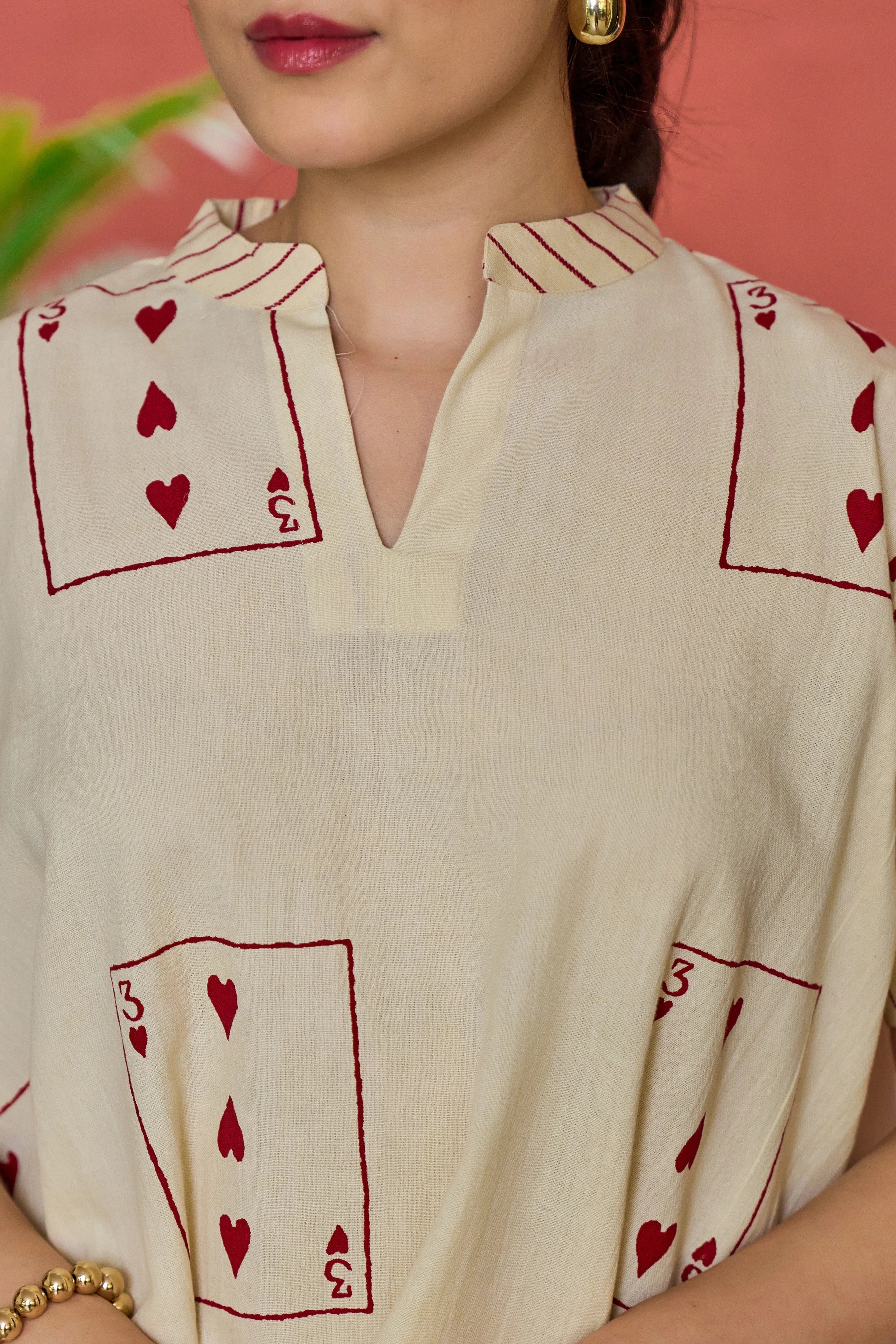 Light Beige 3 of Hearts Printed Co-ord Set in Cotton Slub