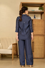 Navy Blue Hand-Painted Co-ord Set in Roman Silk