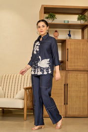 Navy Blue Hand-Painted Co-ord Set in Roman Silk