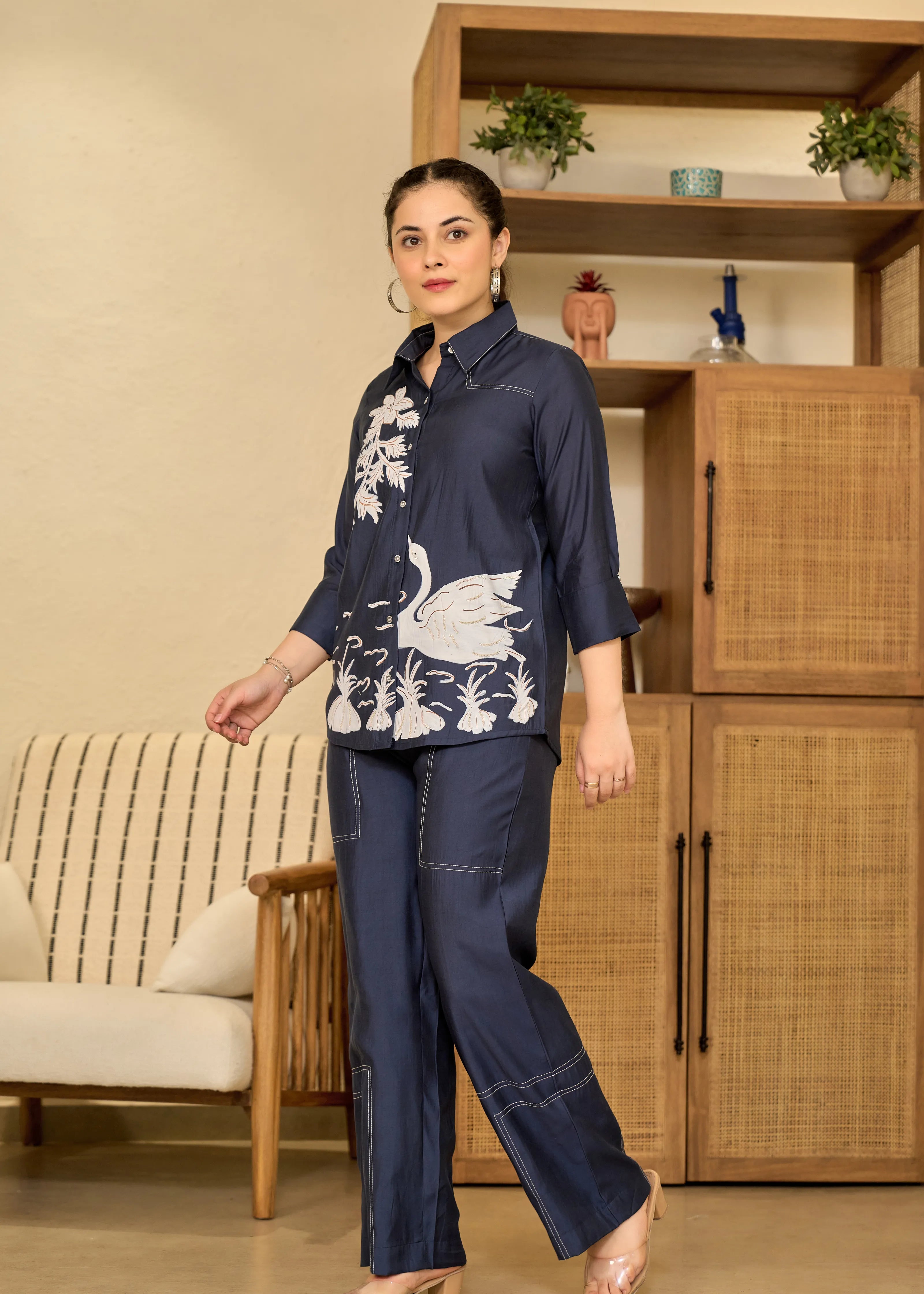 Navy Blue Hand-Painted Co-ord Set in Roman Silk