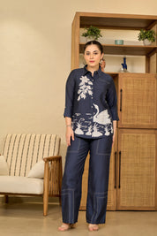 Navy Blue Hand-Painted Co-ord Set in Roman Silk