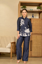 Navy Blue Hand-Painted Co-ord Set in Roman Silk
