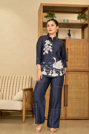 Navy Blue Hand-Painted Co-ord Set in Roman Silk