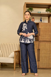 Navy Blue Hand-Painted Co-ord Set in Roman Silk