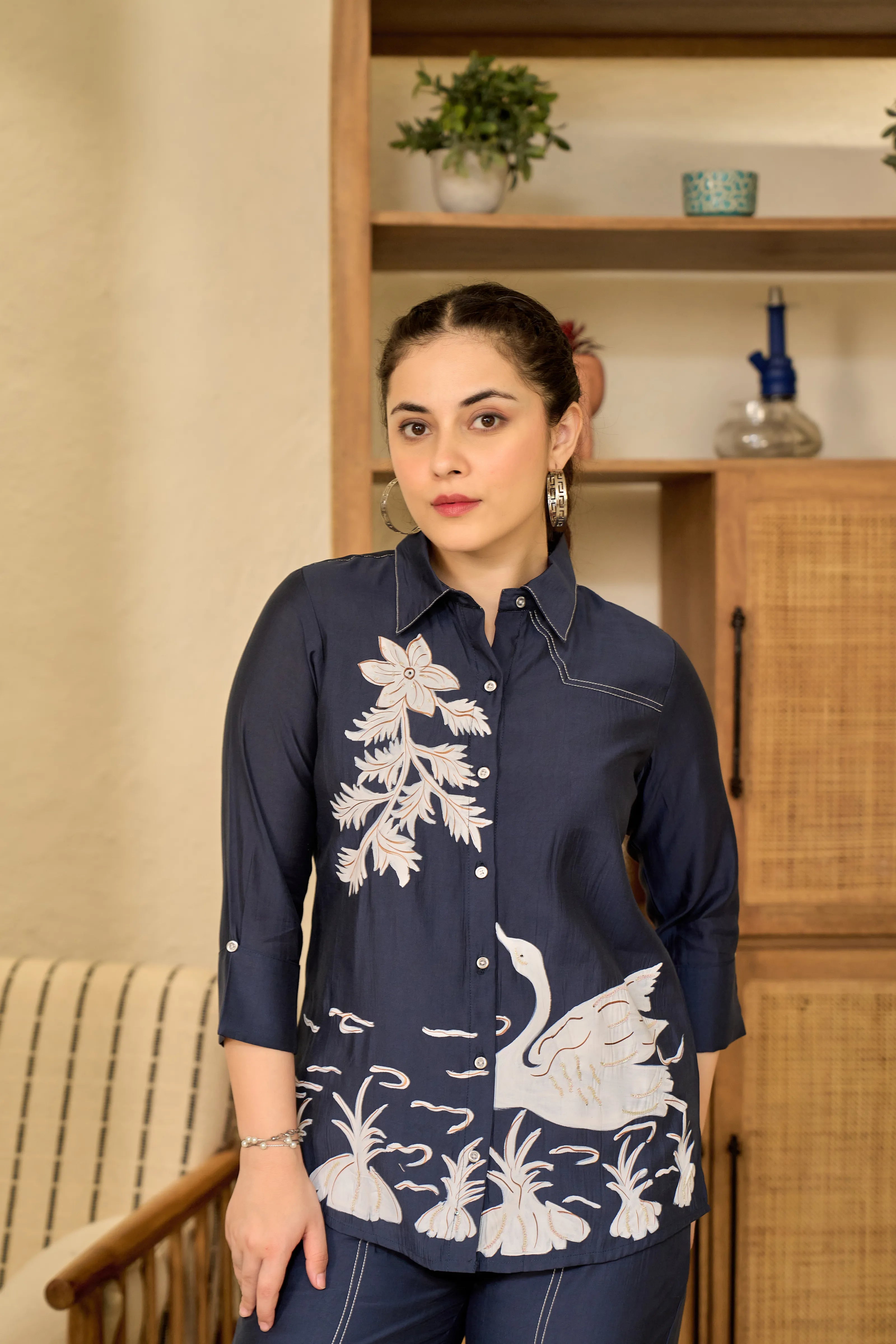 Navy Blue Hand-Painted Co-ord Set in Roman Silk