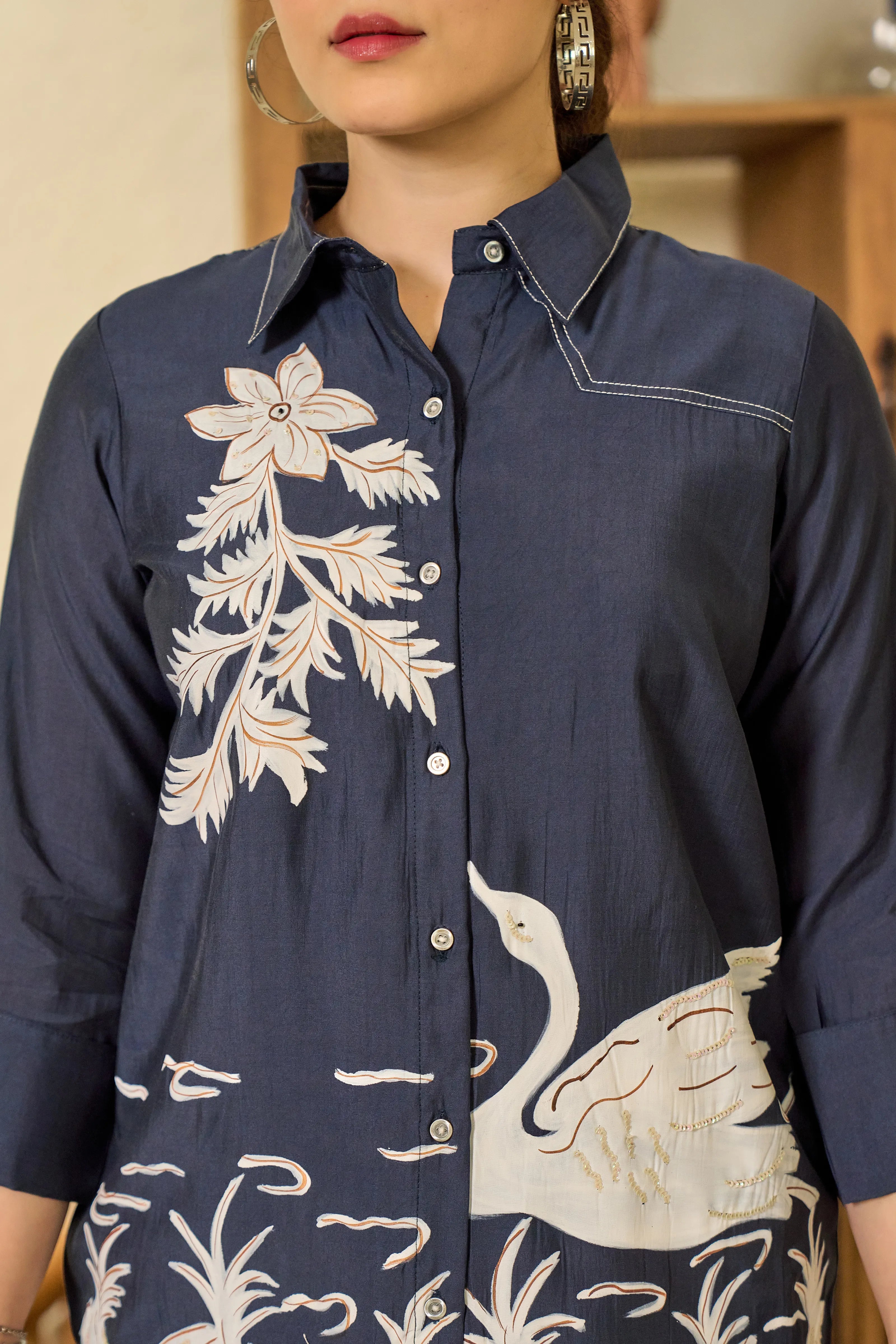 Navy Blue Hand-Painted Co-ord Set in Roman Silk