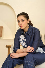 Navy Blue Hand-Painted Co-ord Set in Roman Silk