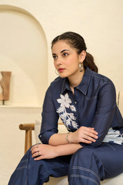 Navy Blue Hand-Painted Co-ord Set in Roman Silk