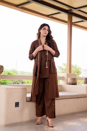 Brown 3 Piece Printed Co-ord Set in Cotton