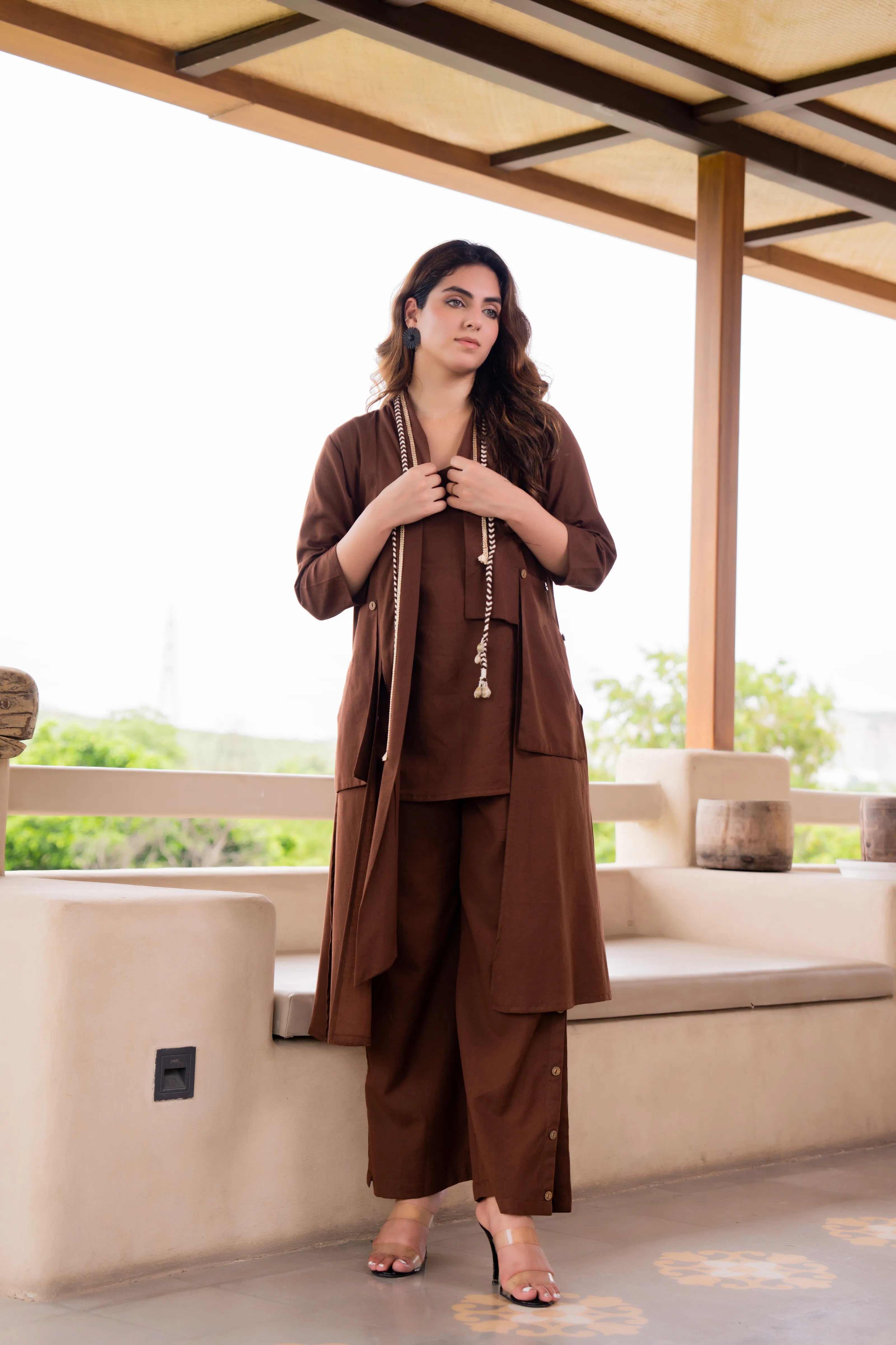 Brown 3 Piece Printed Co-ord Set in Cotton