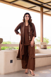 Brown 3 Piece Printed Co-ord Set in Cotton