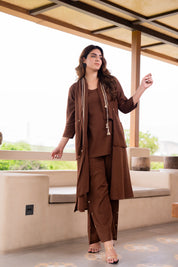 Brown 3 Piece Printed Co-ord Set in Cotton