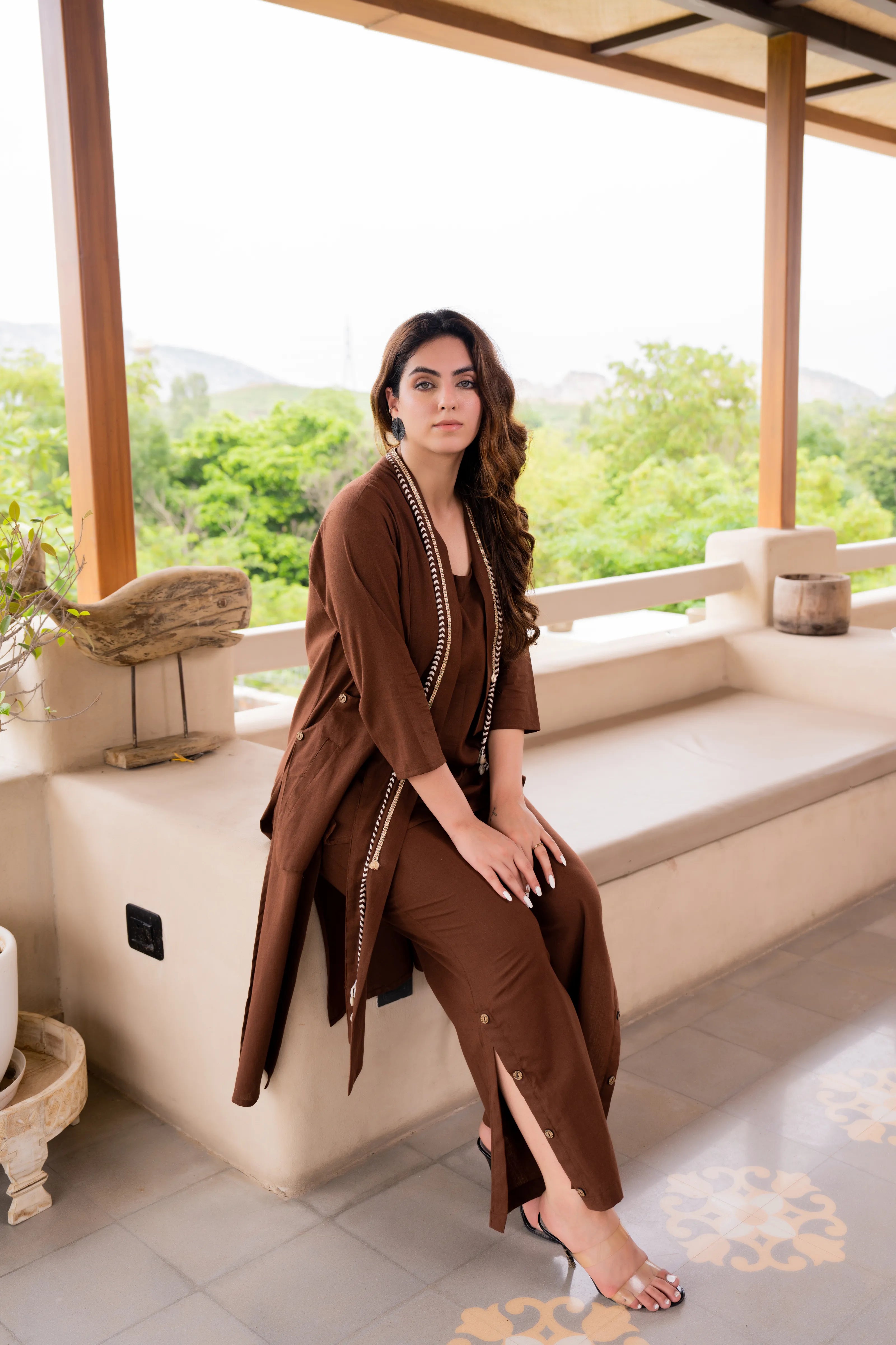 Brown 3 Piece Printed Co-ord Set in Cotton