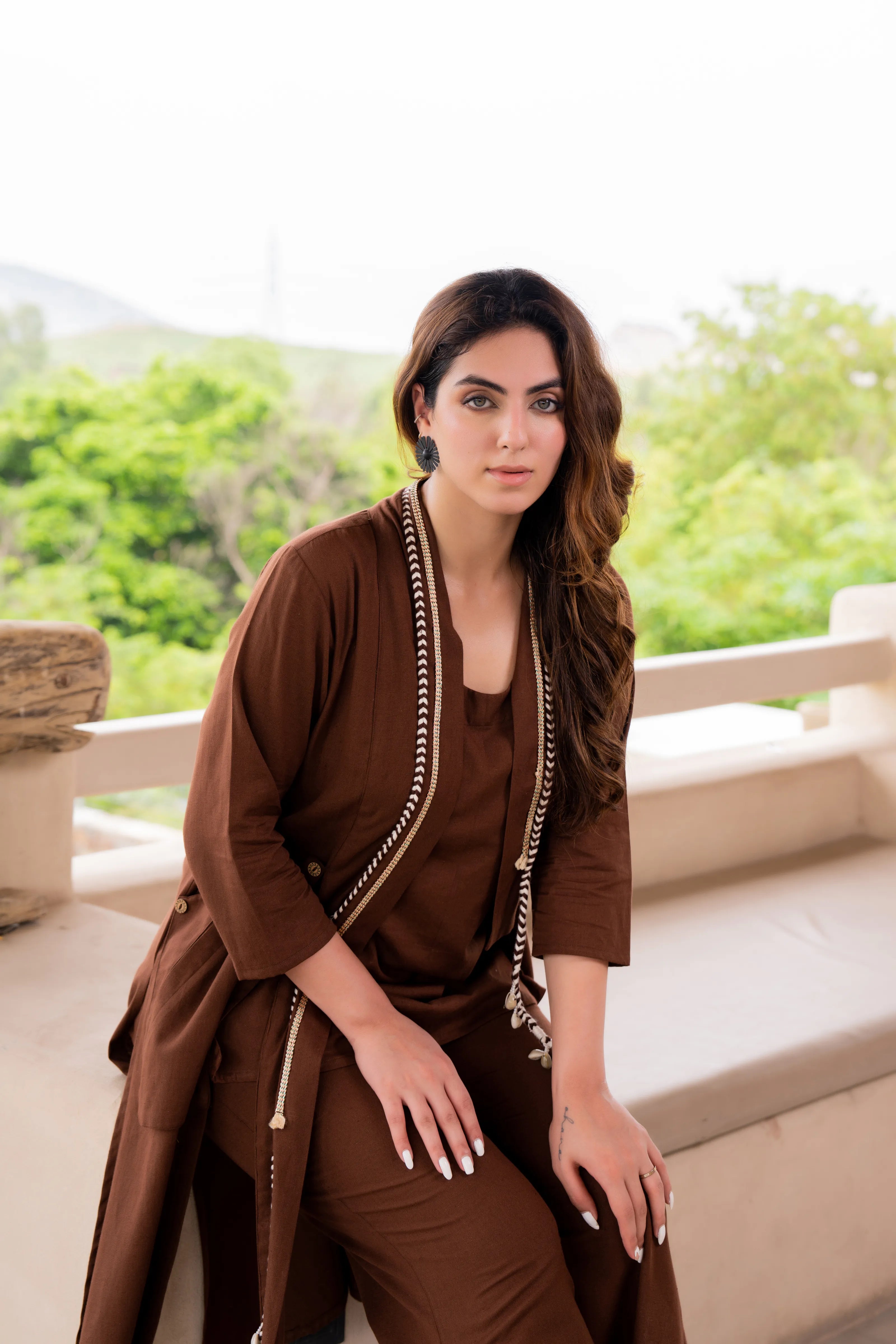 Brown 3 Piece Printed Co-ord Set in Cotton