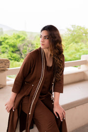 Brown 3 Piece Printed Co-ord Set in Cotton