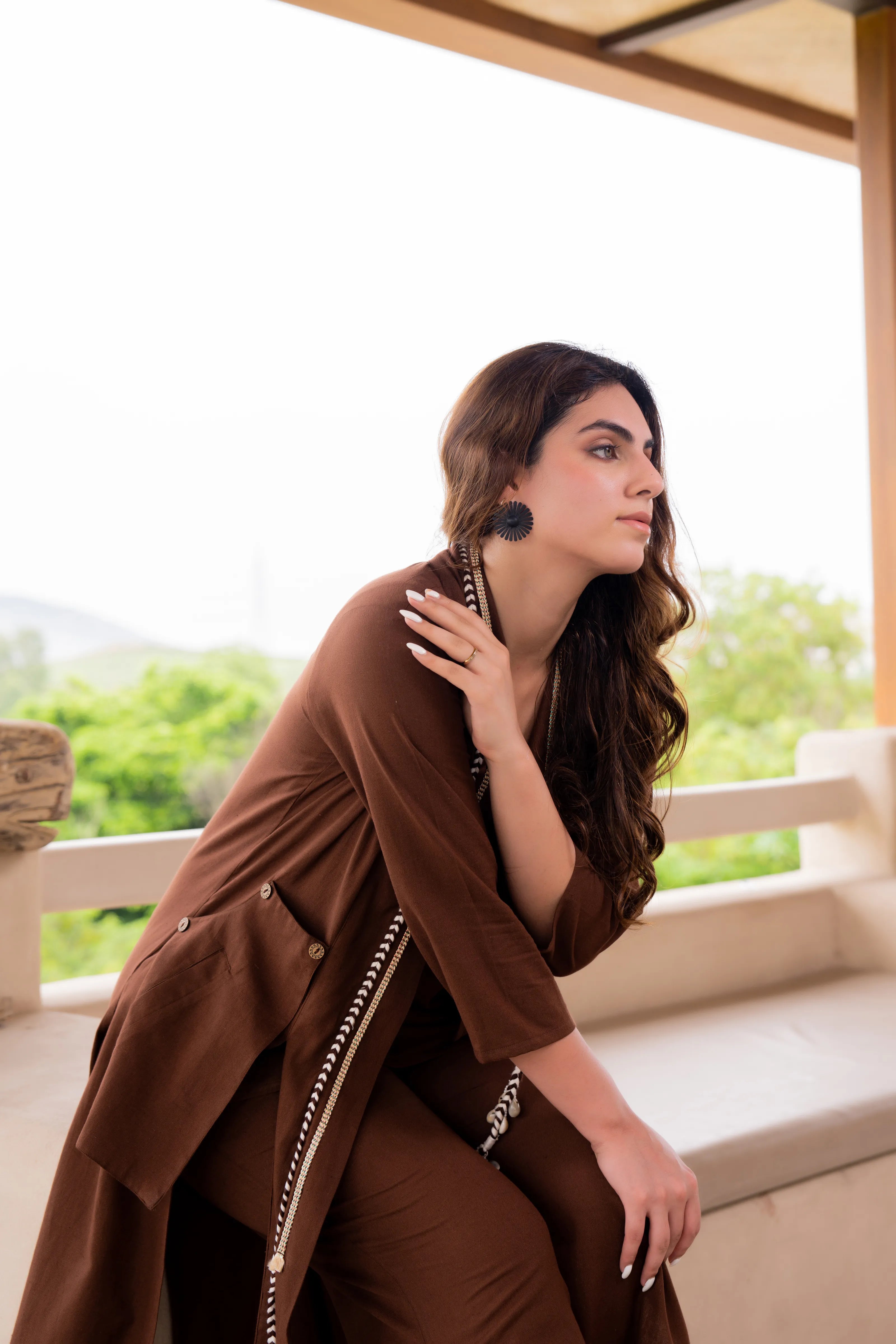 Brown 3 Piece Printed Co-ord Set in Cotton